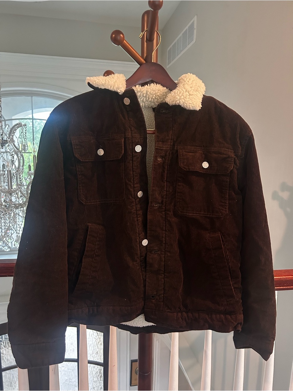 H&M Dark Brown Corduroy Jacket with Cream Sherpa Collar
